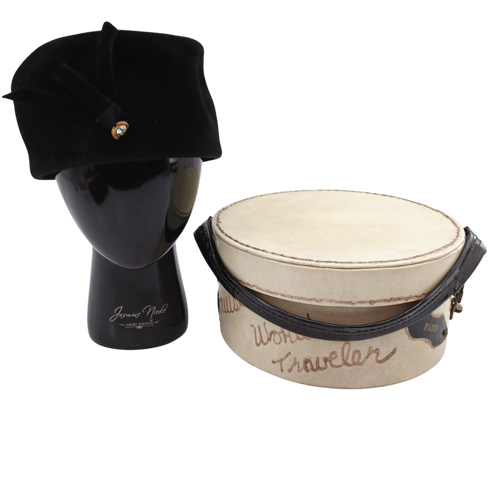 Vintage Merrimac Black Velour Peachbloom Pillbox Hat Usa Union Made With Case